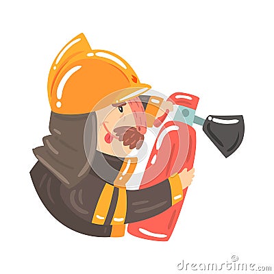 Firefighter in safety helmet and protective suit holding fire extinguisher cartoon character vector Illustration Vector Illustration