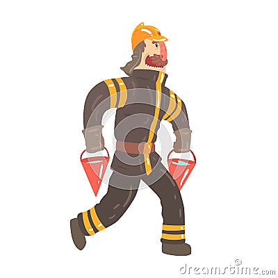 Firefighter in safety helmet and protective suit running with red buckets full of water cartoon character vector Vector Illustration