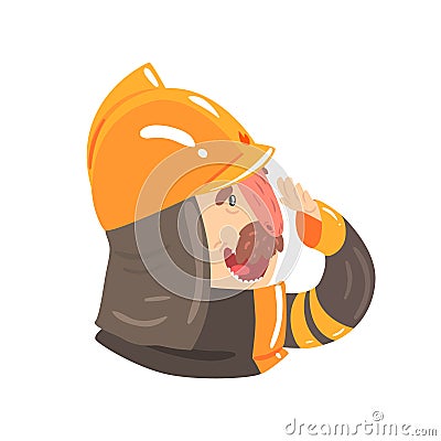 Firefighter in safety helmet and protective suit, side view cartoon character vector Illustration Vector Illustration