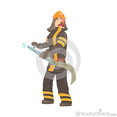 Firefighter in safety helmet and protective suit standing with water hose cartoon character vector Illustration Vector Illustration