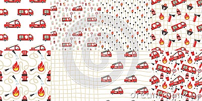 Firefighter seamless pattern collection. Fire truck with ladder extinguisher and hose. Hand drawn cartoon scandinavian doodle cars Vector Illustration