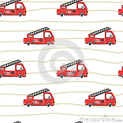Firefighter seamless pattern. Fire truck with ladder extinguisher and hose. Hand drawn cartoon trendy scandinavian childish doodle Vector Illustration