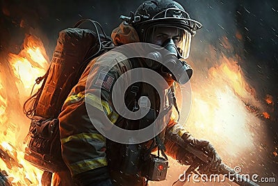 Firefighter searching for possible survives. Generative AI Stock Photo
