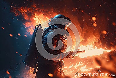 Firefighter searching for possible survives. Generative AI Stock Photo