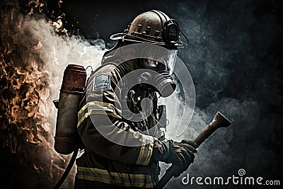 Firefighter searching for possible survives. Generative AI Stock Photo