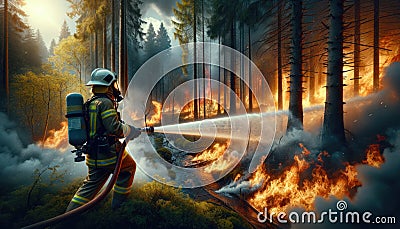 A firefighter is seen courageously fighting a fierce forest fire. Stock Photo