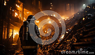 Firefighter standing on flames. A firefighter standing in front of a pile of rubble Stock Photo