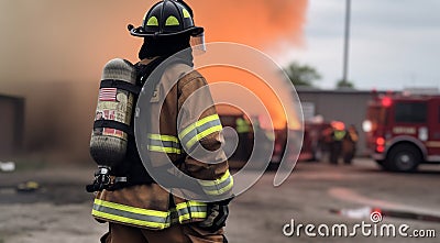 A firefighter stands in front of a fire, ready to take action to control the flames Stock Photo