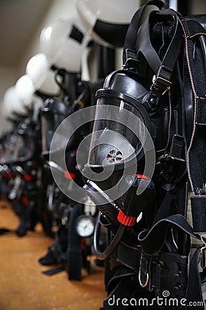 Firefighter suit and equipment ready for operation Stock Photo