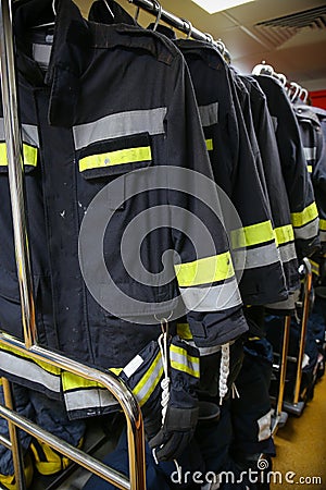 Firefighter suit and equipment ready for operation Stock Photo
