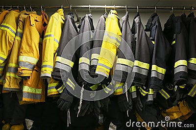 Firefighter suit and equipment ready for operation, Fire fighter room for store equipment, Protection equipment of fire fighter Stock Photo