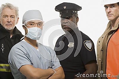 Firefighter surgeon police officer and construction worker Stock Photo