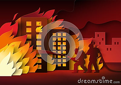 Firefighter team extinguishing burning house apartment Vector Illustration