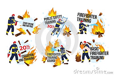 Firefighter training promo badge sale discount set vector illustration. Fireman educational courses Vector Illustration
