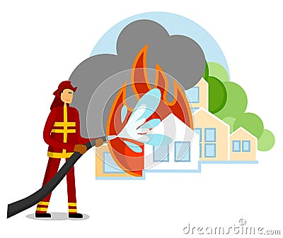 Firefighter try to extinguish burning house. House on fire. Fireman putting out building. Fireman rescue people cartoon Vector Illustration