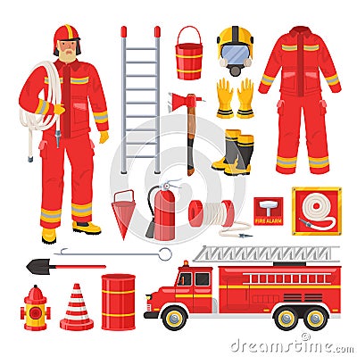 Firefighter uniform and equipment set, flat vector illustration. Fireman, red fire engine, water hose, extinguisher etc. Vector Illustration