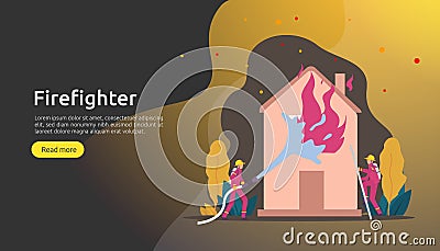 Firefighter using water spray from hose for fire fighting burning house. fireman in uniform, fire department rescuer. illustration Vector Illustration