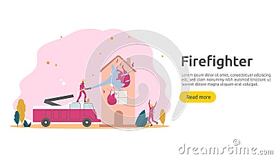 Firefighter using water spray from hose for fire fighting burning house. fireman in uniform, fire department rescuer. illustration Vector Illustration