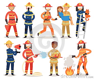 Firefighter vector cartoon fireman character firefighting fire with firehose hydrant and fire extinguisher equipment Vector Illustration