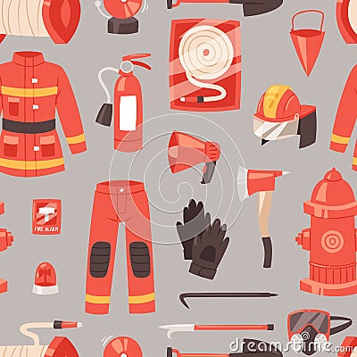 Firefighter vector firefighting equipment firehose hydrant and fire extinguisher illustration set of fireman uniform Vector Illustration