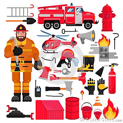 Firefighter vector firefighting equipment firehose hydrant and fire extinguisher illustration firefighting set of Vector Illustration