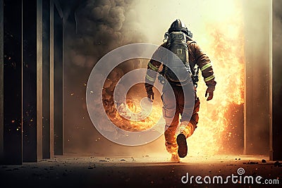 Firefighter works on fire, fireman runs in burning building, generative AI Stock Photo