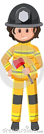 Firefighter in yellow outfit with axe Vector Illustration