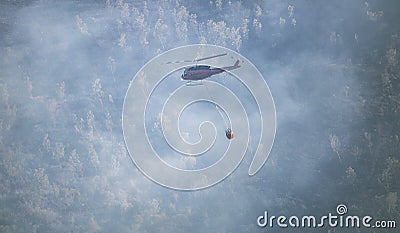 Firefighters battling a wildfire burning a forest of trees on a mountain. Stock Photo