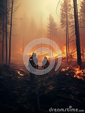 Firefighters Battling Wildfires in Thick Forest. A couple of fire fighters walking through a forest Stock Photo