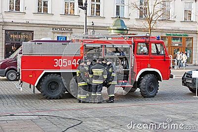 Firefighters in the center of Krakow, Poland. Editorial Stock Photo