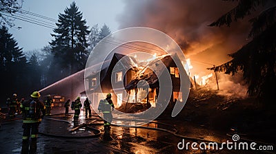 Firefighters courageously battling a house fire, armed with water hoses and wearing protective gear Stock Photo