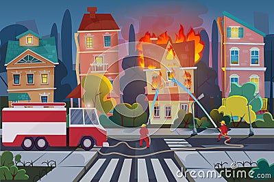 Firefighters with engine fire truck extinguish civil house in town. Natural Disaster concept cartoon vector illustration Vector Illustration