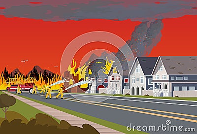 Firefighters Extinguish Town. Concept Forest Fire. Vector Illustration