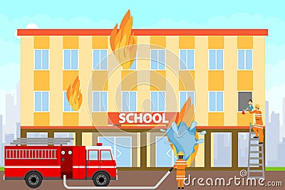 Firefighters extinguish a burning building. Firefighters on a fire truck extinguish the school building with water. Cartoon Illustration