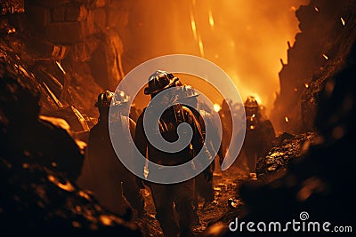 Firefighters extinguish a fire in a cave. Selective focus Stock Photo