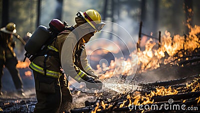 Firefighters extinguish a fire in a forest Stock Photo