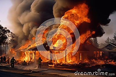 Firefighters extinguish a fire in a house during a fire. American houses on fire and firefighters trying to stop the fire, AI Stock Photo