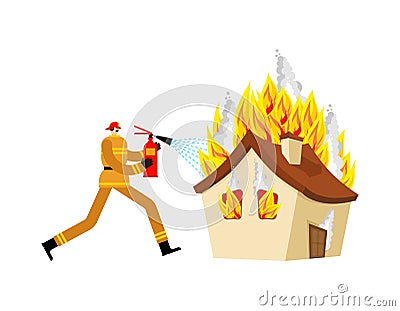 Firefighters extinguish house. house is on fire and fireman. Firefighting Vector Illustration