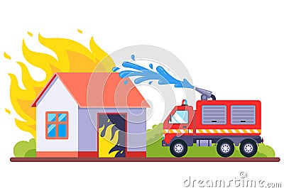 firefighters extinguish a wooden burning house. fire hose with water. Vector Illustration