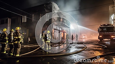 Firefighters fighting a fire in a burning building at night. Firefighters fighting a fire. Stock Photo