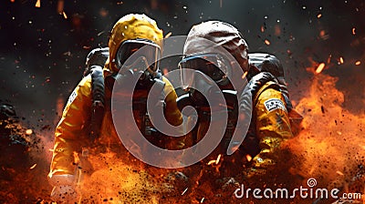 Firefighters fighting a fire,Firefighter training with gas and flame. Stock Photo