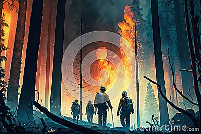 Firefighters fighting the fire. Firefighters fighting a forest fire. Generative AI Stock Photo