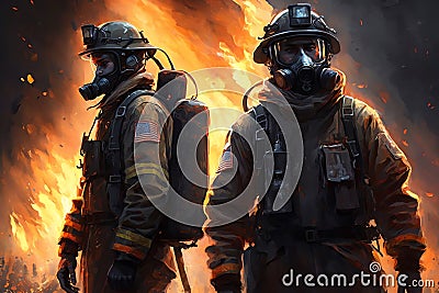 Firefighters in fire fighting operation, fireman in protective clothing and helmet with equipment in action fighting Stock Photo