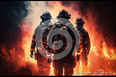 Firefighters in fire fighting operation, fireman in protective clothing and helmet with equipment in action fighting Stock Photo