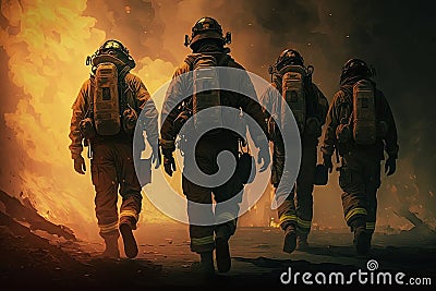 Firefighters in fire fighting operation, fireman in protective clothing and helmet with equipment in action fighting Stock Photo