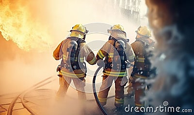 Firefighters in full protective gear are actively engaged in extinguishing fire. AI-generated. Stock Photo