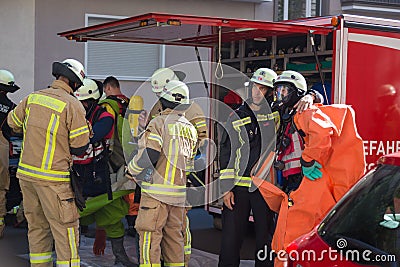 Firefighters getting ready to intervene on chemical accident location. Editorial Stock Photo