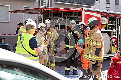 Firefighters getting ready to intervene on chemical accident location. Editorial Stock Photo