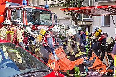 Firefighters getting ready to intervene on chemical accident location. Editorial Stock Photo