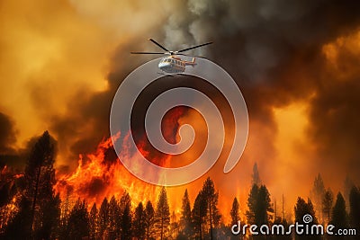 Firefighters helicopter flying with great risk over smoke and flames of a dramatic forest wildfire Cartoon Illustration
